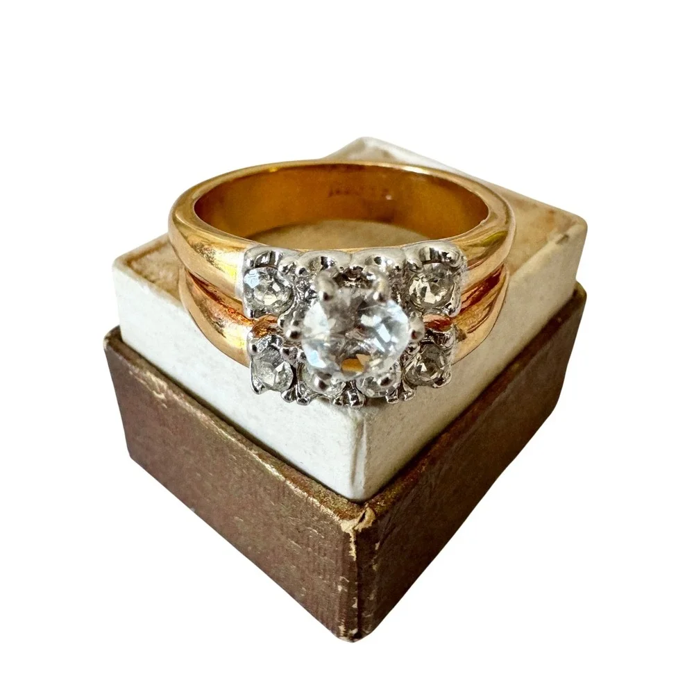 Vintage Cubic Zirconia Engagement Wedding Ring Double Band 18kt Gold Plated Sz 9